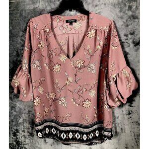 Charmed by Eve Blouse Women L Pink Black Floral 3/4 Puff Sleeve V-Neck Pullover